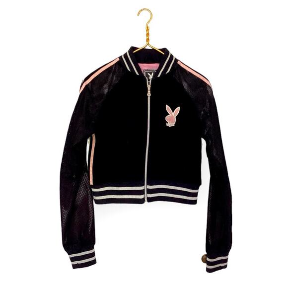 Y2K Playboy 100% Genuine Leather Pink Black Perforated Moto Zip Jacket M - Picture 2 of 7